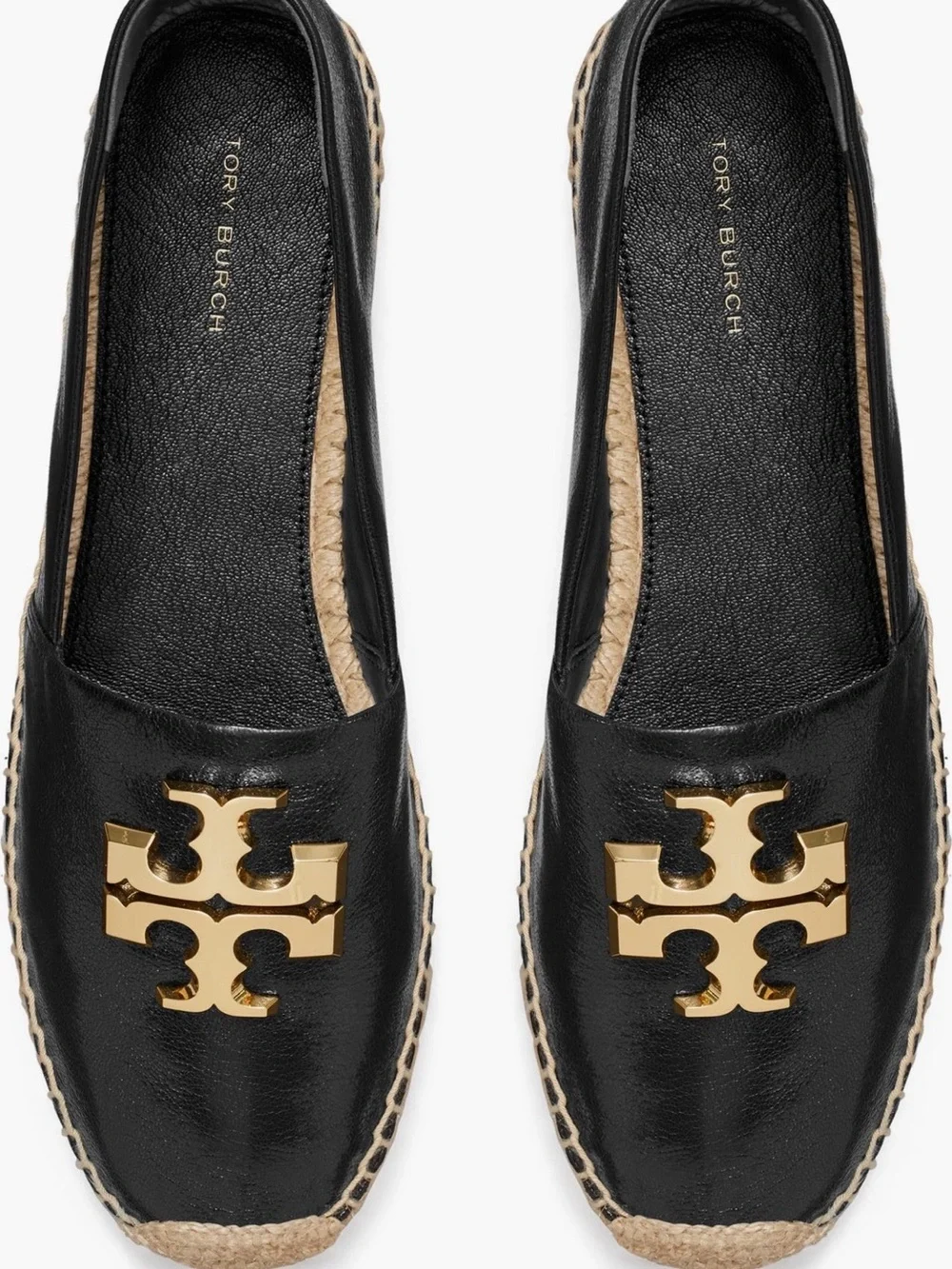 Tory Burch Black Leather Espadrille with Gold Logo Emblem
